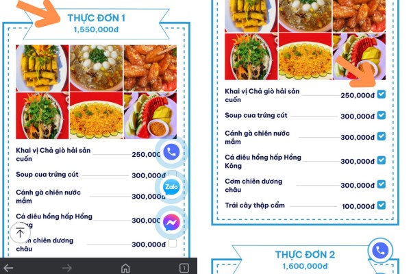 K&eacute;o xuống phần thực đơn đ&atilde;i tiệc