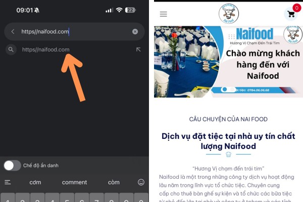 truy cập v&agrave;o website Naifood bằng google tr&ecirc;n điện thoại